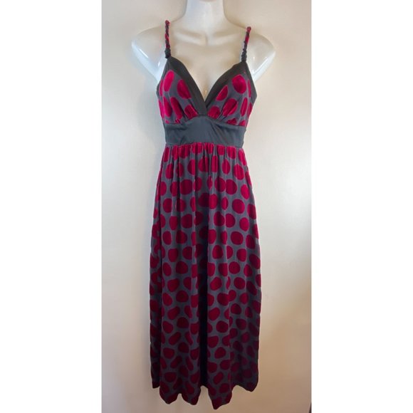 Voom 100% Silk Velvet 90s Y2K Polka Dot Fuschia & Black Maxi Dress Size XS - Picture 2 of 11